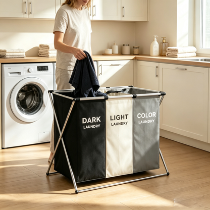 3-Compartment Laundry Basket with Metal Frame