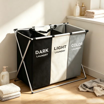 3-Compartment Laundry Basket with Metal Frame