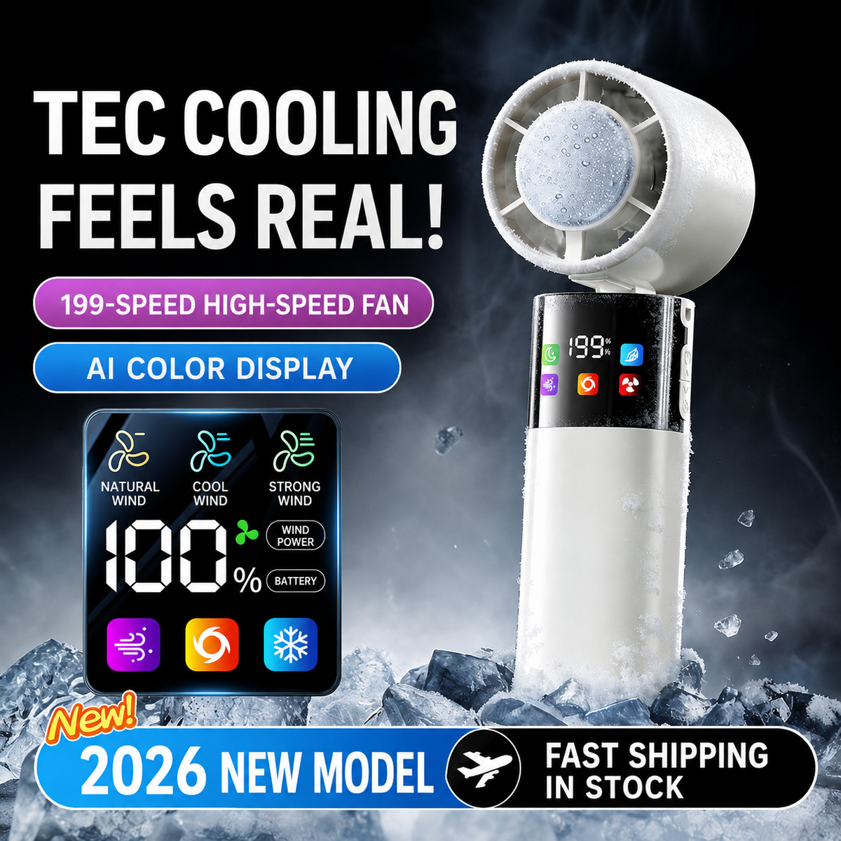 ❄️ Smart Portable Cooling Fan with Full-Color Screen