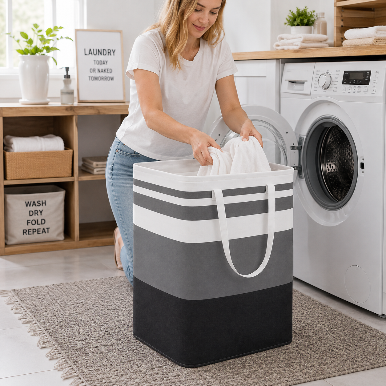 Black & Gray Striped Laundry Basket