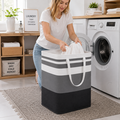 Black & Gray Striped Laundry Basket