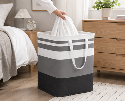 Black & Gray Striped Laundry Basket